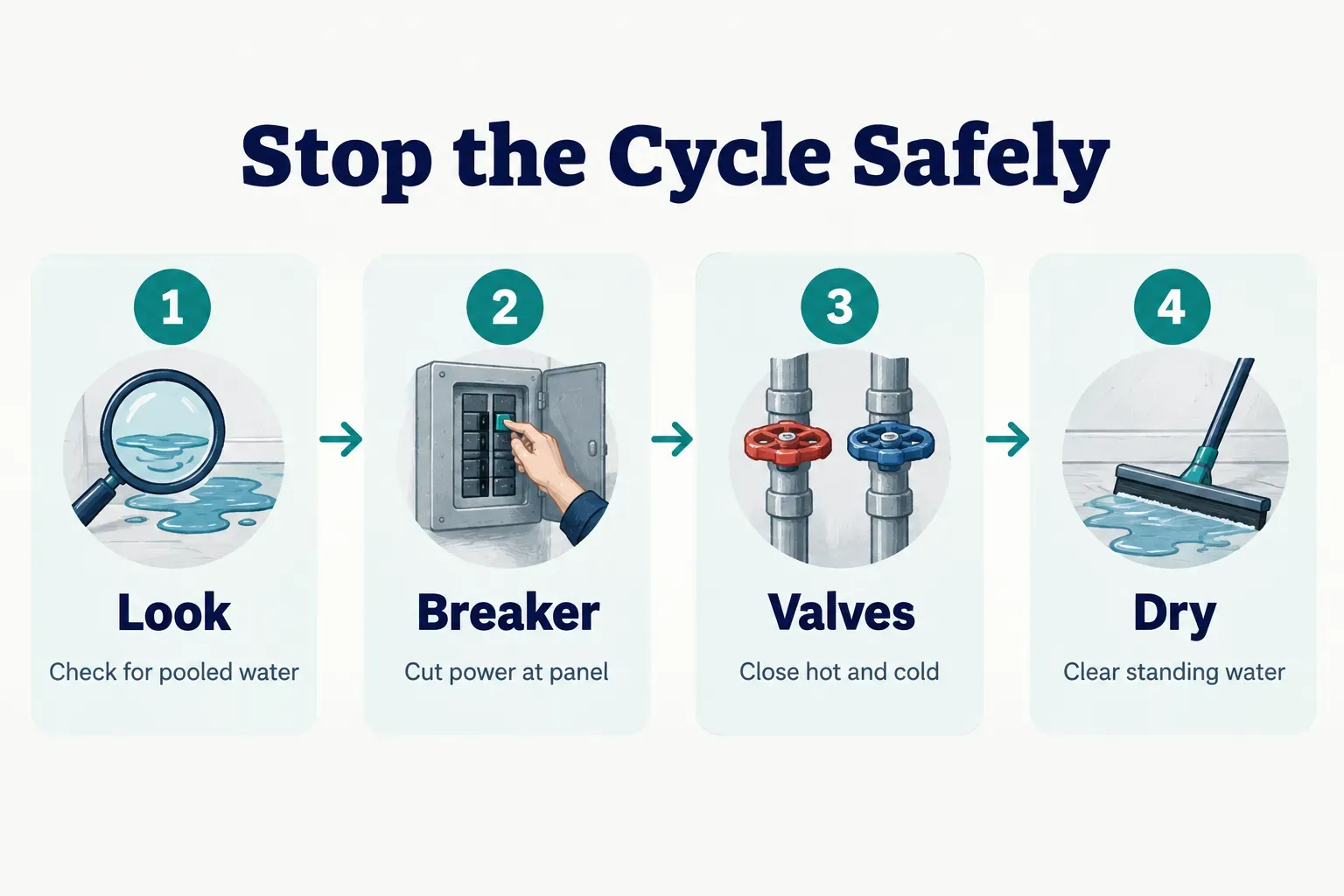 Step-by-step diagram, Stop the Cycle Safely. 1. Look, Check for pooled water; 2. Breaker, Cut power at panel; 3. Valves…