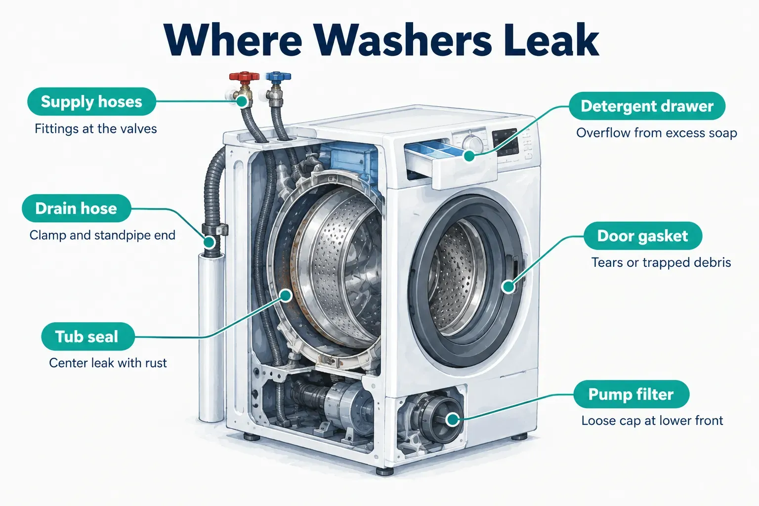 Diagram, Where Washers Leak. Supply hoses, Fittings at the valves; Drain hose, Clamp and standpipe end; Detergent drawer…