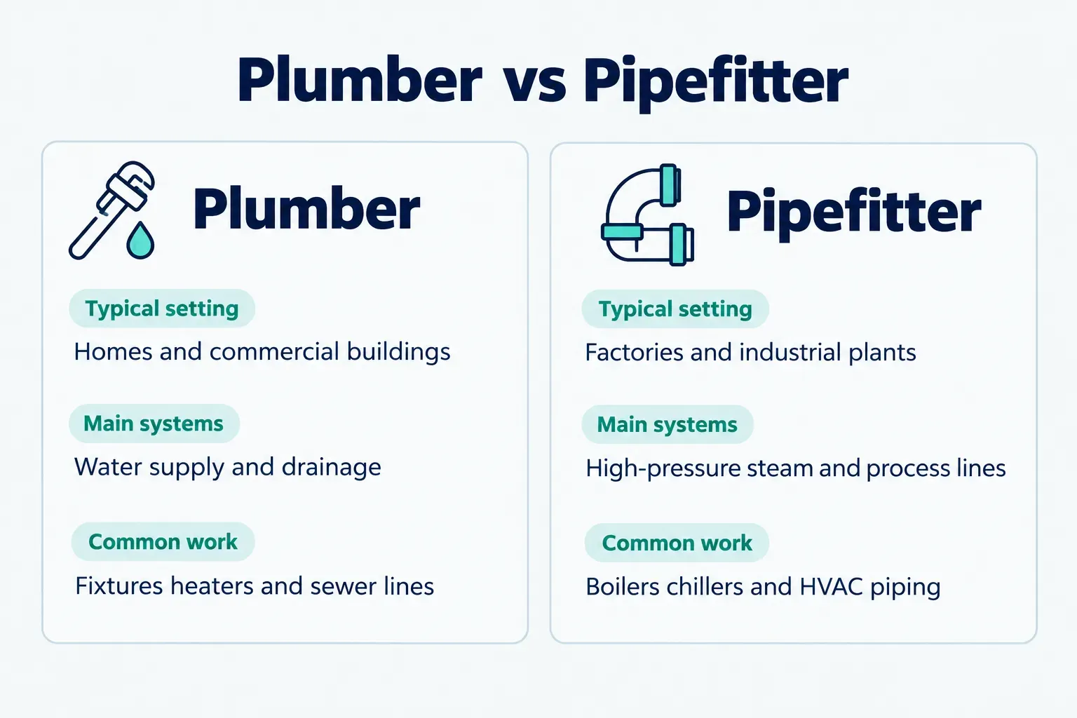 Comparison table, Plumber vs Pipefitter. Typical setting, Plumber: Homes and commercial buildings; Pipefitter: Factories…