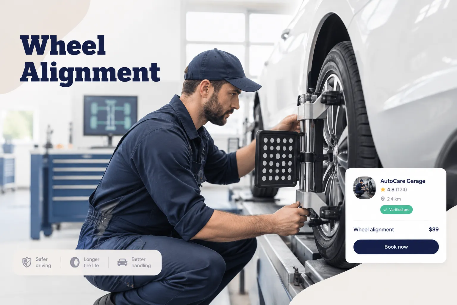 Mechanic adjusting wheel alignment angles on a car using computerized alignment equipment in an auto shop