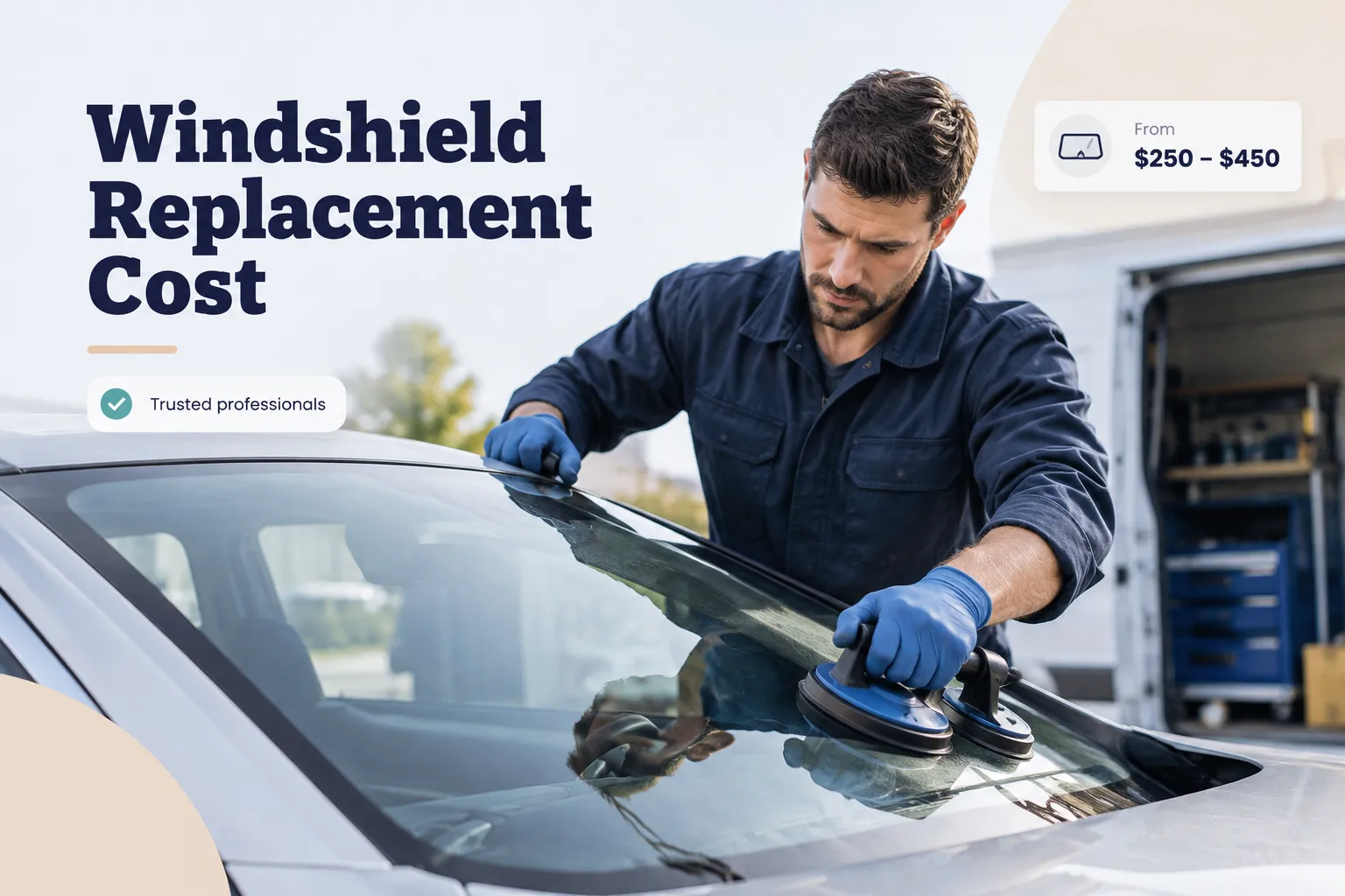 Technician replacing a cracked car windshield, illustrating factors that affect windshield replacement cost