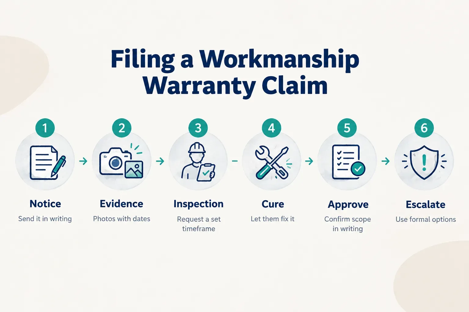 Step-by-step diagram, Filing a Workmanship Warranty Claim. 1. Notice, Send it in writing; 2. Evidence, Photos with dates…