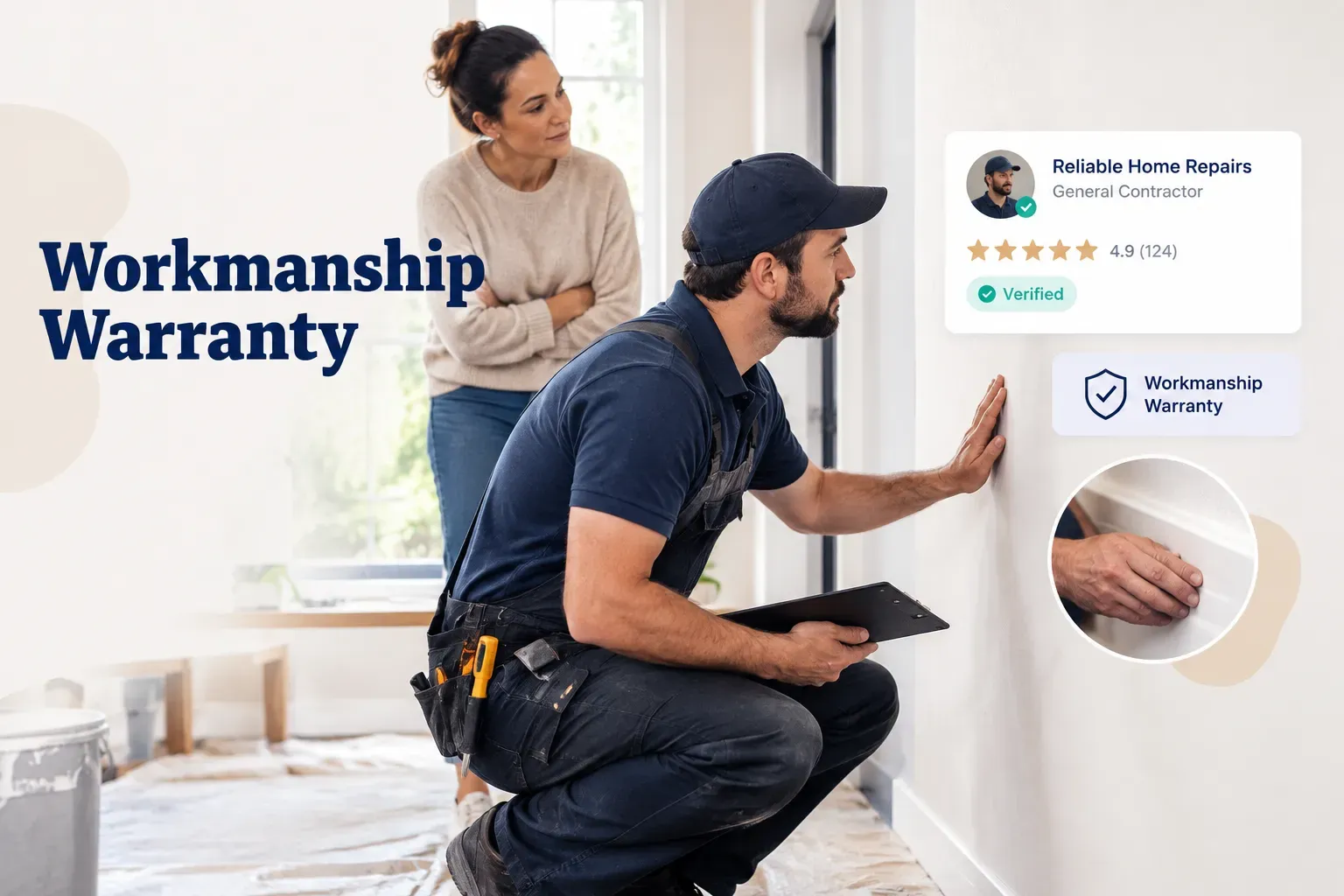 Contractor and homeowner reviewing a workmanship warranty document after a home improvement project